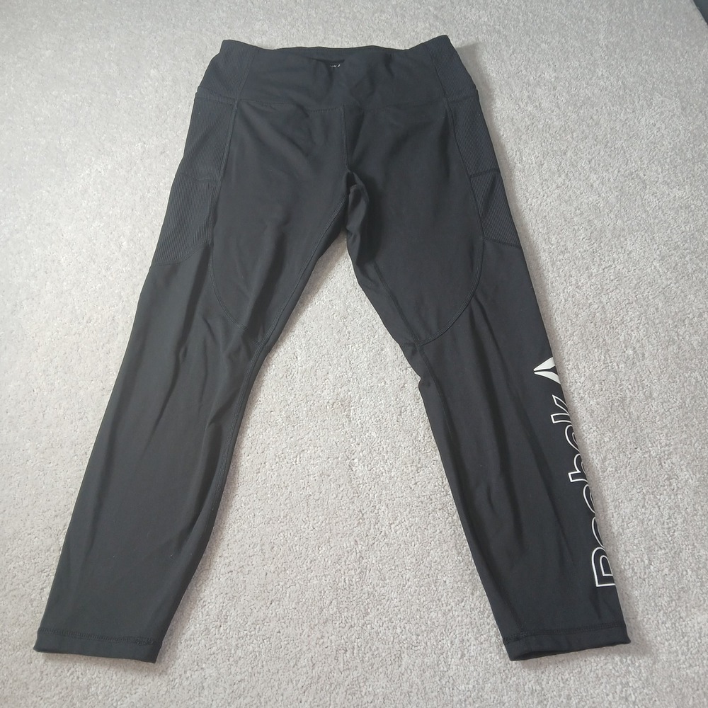 Reebok Yoga Athletic Signature Leggings High Rise Size Large Black logo Pockets